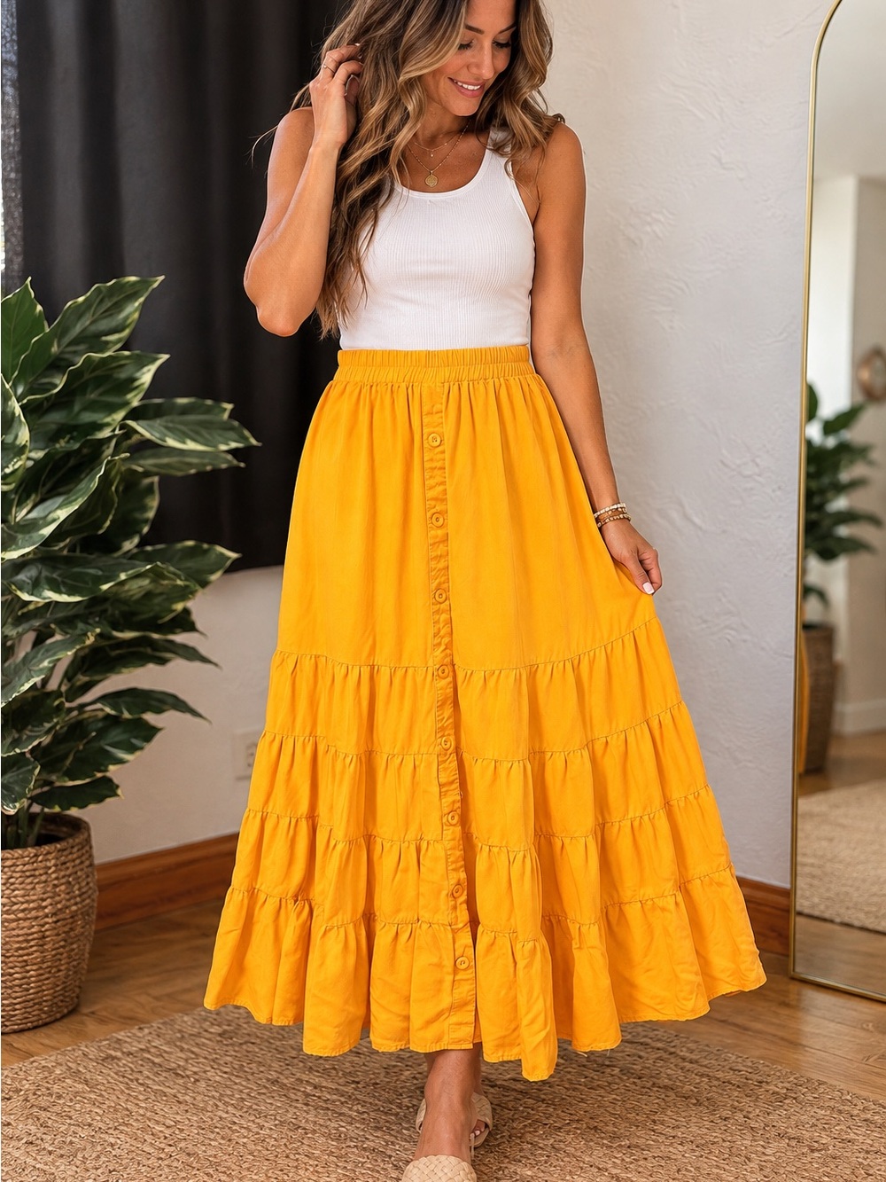 Mustard Yellow Tiered Button Front Maxi Skirt Size S Boho